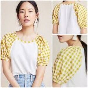Anthropologie Sunday in Brooklyn Blair Top Puff Sleeve White Mustard Yellow Sm